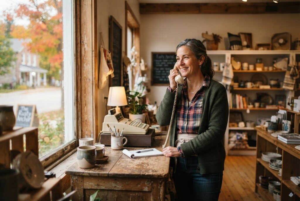 Local business owner answering a phone call inside a small shop in Ontario