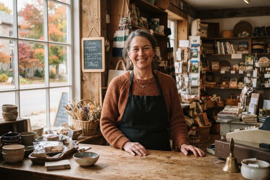 Local shop owner smiling behind the counter on a quiet autumn afternoon