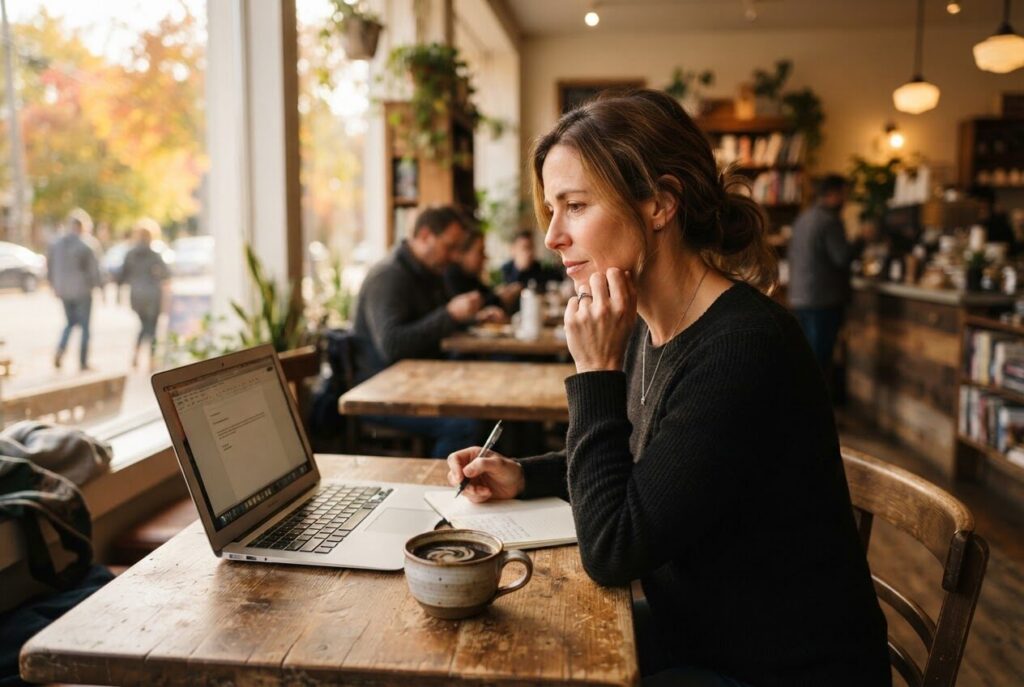 Café owner at a table working on a laptop with a coffee