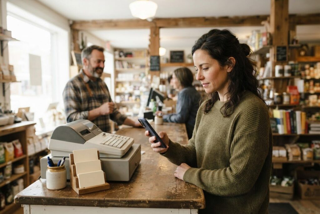 Customer using a phone at the counter of a small local shop