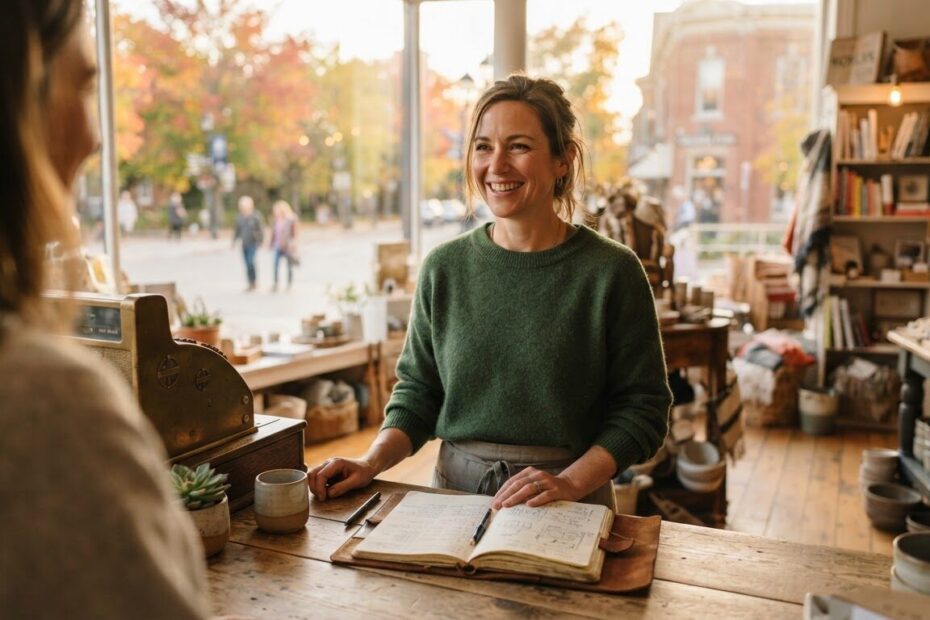 Small business owner at the counter of a local shop in an Ontario town in autumn