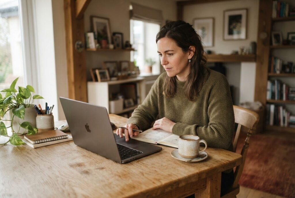 Business owner reviewing website activity on a laptop with a notebook beside it