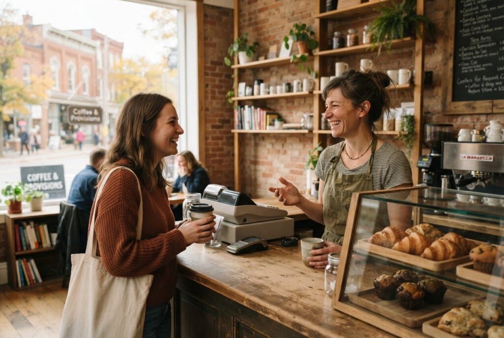 Café owner chatting with a new customer at the counter in a small Ontario town